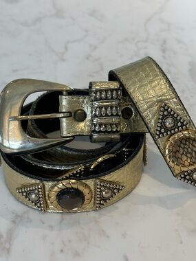 Vintage Leatherock Embellished Metallic Gold Studded Leather Belt size Large